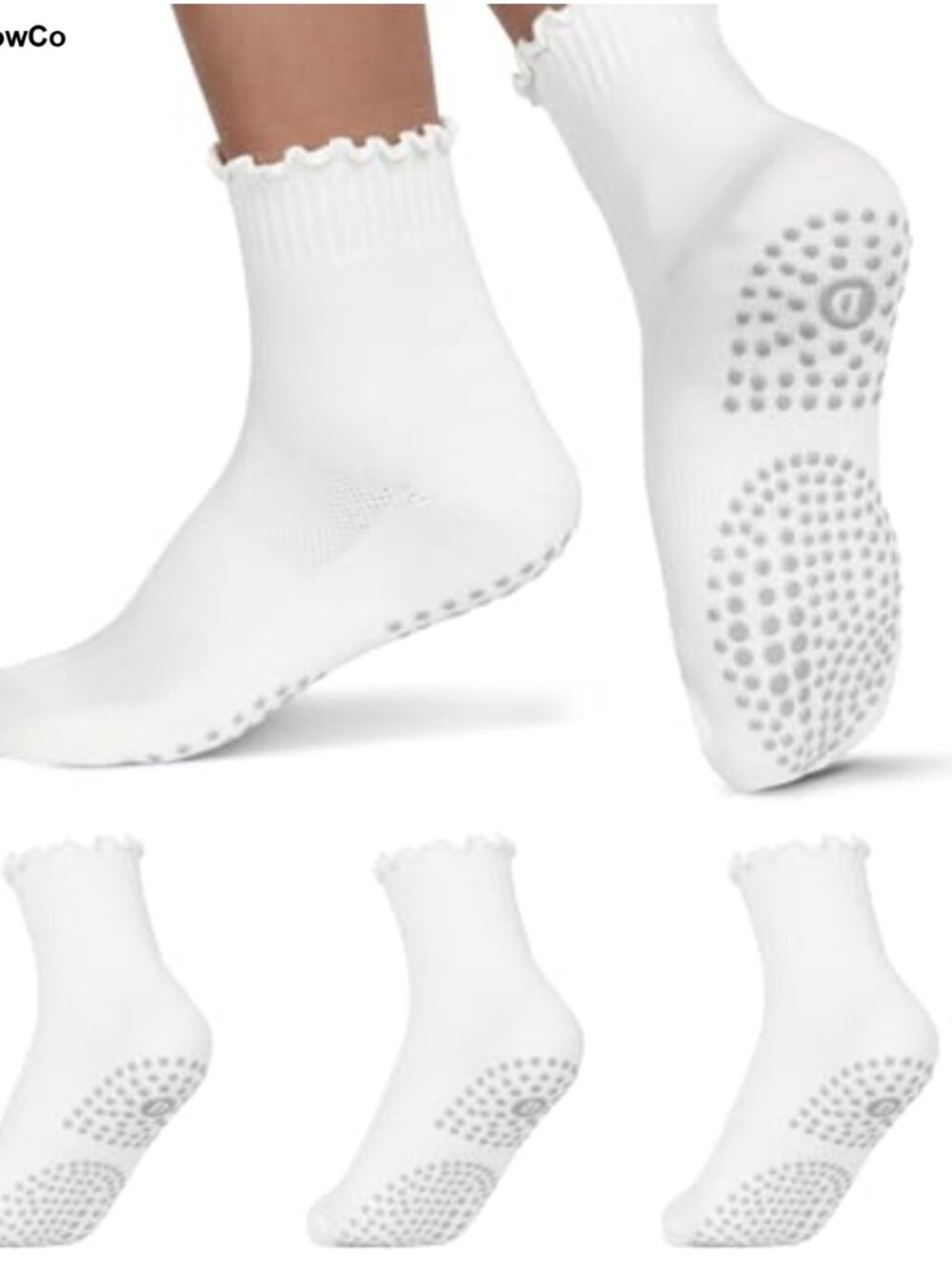 Non-Slip Pilates Socks with Grips, Ruffle Crew Yoga & Barre Socks, Cotton Blend